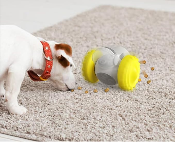 Interactive Pet Food Dispenser Toy for Dogs and Cats, Treat Dispensing Rolling Ball with Textured Wheels, Available in Yellow, Green, Black (Yellow)