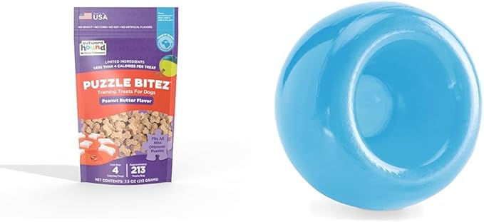 Outward Hound Large Blue Snoop Treat Dispensing Toy & Nina Ottosson Puzzle Bitez Peanut Butter Training Treats - Interactive Dog Toy & Low-Calorie Soft Treats Bundle