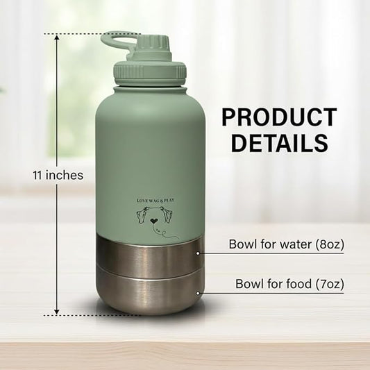 Love Wag & Play Dog Water Bottle Portable – 2 in 1 Stainless Steel Bowl for Food, Water – Leakproof Portable Water Bowl for Dog with Carry Loop – Detachable Design – Ideal for Kibble, Treats – Beige