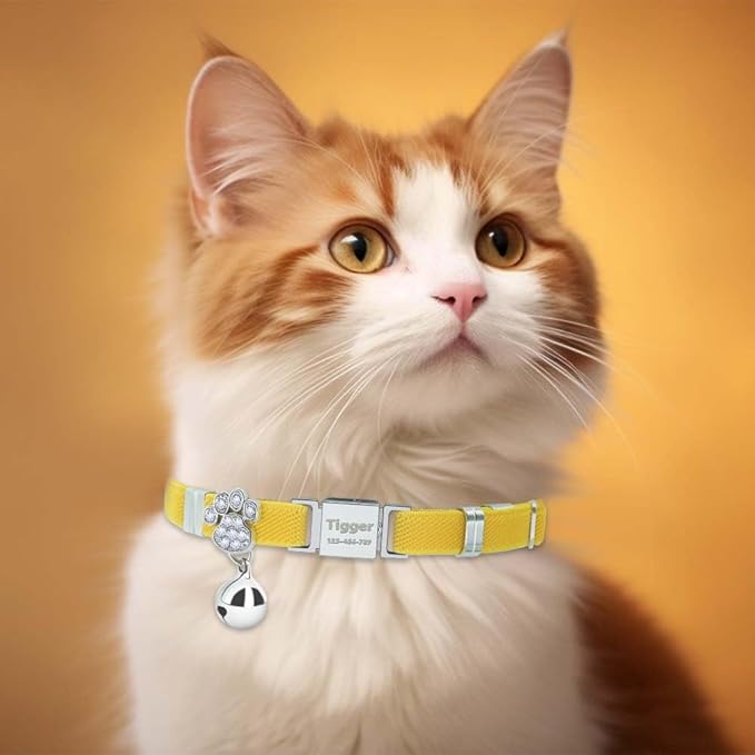 Personalized Safety Elastic Cat Collars with Bell,Laser Customized Stretch Kitten Collars for Girls Boys Cats-Yellow