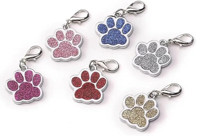 Cute Personalized Pet Name Tags for Cats/Dogs - Glitter Custom pet id tag, Dog id Tags Engraved for Pets, cat tag, pet Collar Charms, Dog Name tag (Paw-Shaped-Small: Silver)