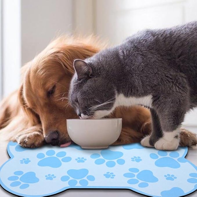 Dog Food Mats for Floors Waterproof, Pet Feeding Absorbent Water Bowl Mat Cat Placemats Blue Bone Shape 19 * 12 inch