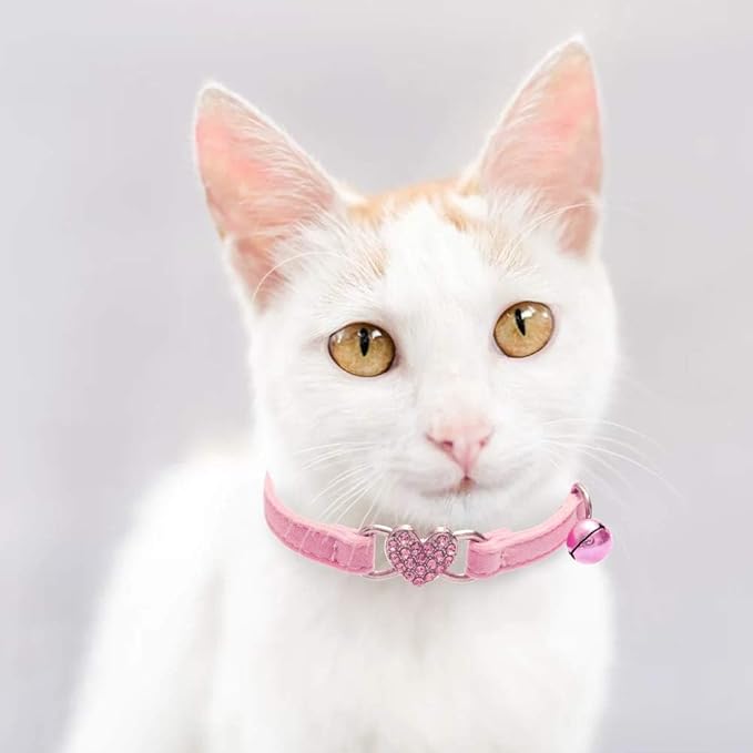 BINGPET Cat Collar Breakaway with Bell, Pack of 2 Heart Bling Collar Safety with Soft Velvet Adjustable for Kittens