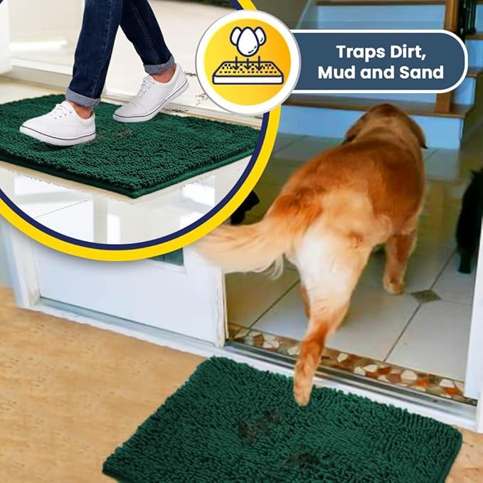 Muddy Mat® AS-SEEN-ON-TV Highly Absorbent Microfiber Door Mat and Pet Rug, Non Slip Thick Washable Area and Bath Mat Soft Chenille for Kitchen Bedroom Indoor and Outdoor - Dark Green 24" x 96"