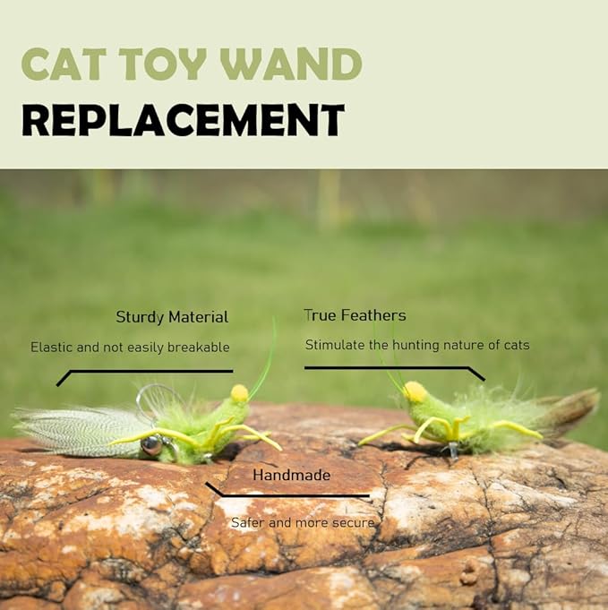 Vitisyao Cat Insect Feather Toys Replacement - 2 Pcs Handmade Natural Grasshopper - Cat Toy Wand Refills - Interactive Kitten Teaser Wand Attachments - Cat Toys for Indoor Cats Play