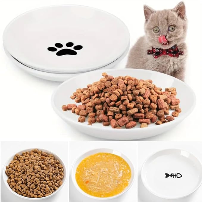 CSD Cat Food Bowl (3 Pack) - Ceramic Cat Bowls with Nonslip Silicone Bottom, Whisker Friendly, 200ml Capacity, White