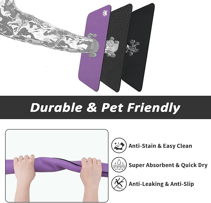 Dog Food Mat - Absorbent Cat Mat for Food and Water, No Stains Pet Feeding Bowl Mat, Easy to Clean Pet Placemats, Quick Dry Dog Water Dispenser Mat for Messy Drinkers | Paw Purple 16"x 24"
