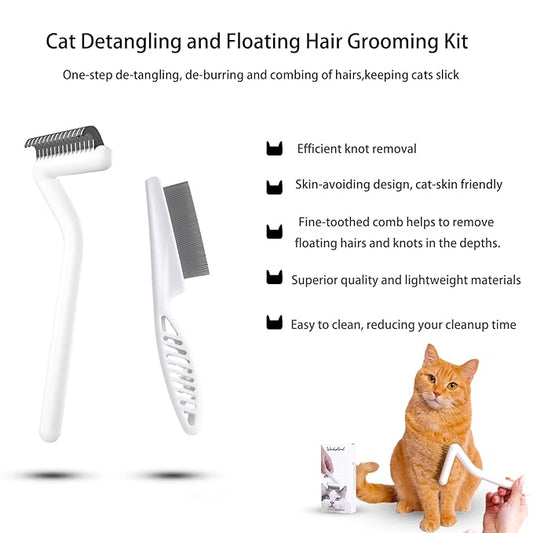Werdouland Cat Brush, 2 Pack Deshedding Grooming Tool Set for Cats & Small/Medium Dogs, Long & Short Hair Pet Brush & Undercoat Rake, Specialized in treating tangled hair, White