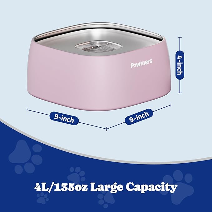 Upgrade No Spill Water Bowl for Dogs, 135oz/4L All Stainless Steel Dog Water Bowl with Non-Slip Base, Spill Proof for Medium Large Messy Drinkers, Anti Splash, Slow Drinking, Slobber Stopper, Pink