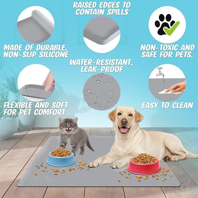 TidyFriend Pet Food Mat - 30 x 36”, Pet Tray for Food and Water, Dog Food Mats, Silicone Cat Food Mat, Non Slip Pet Food Mat Large, Dog Bowl Mat Waterproof, Pet Supplies (Light Grey)