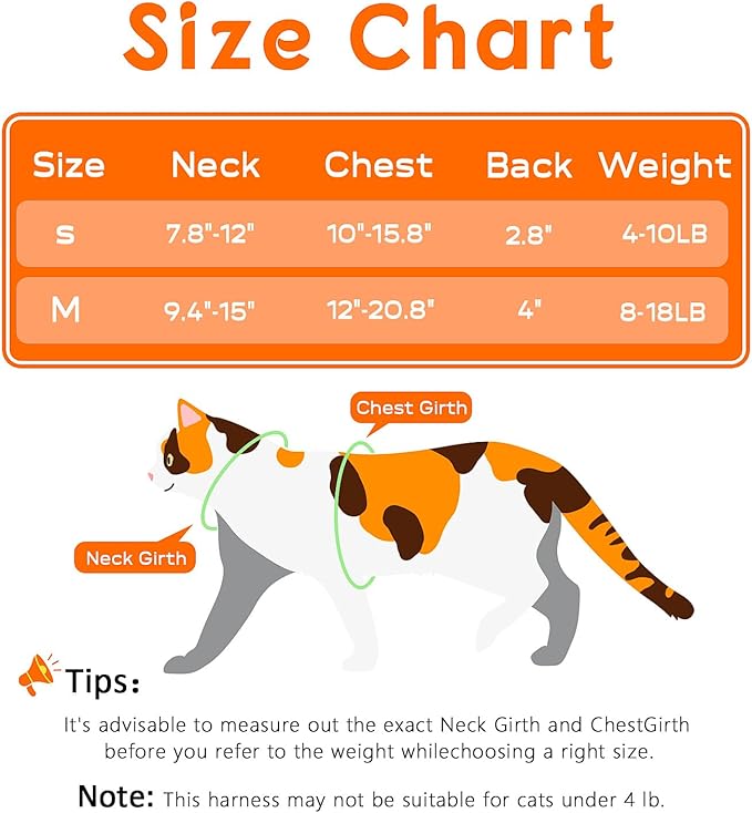 Halypet Cat Harness and Leash Set, Escape Proof 3-in-1 Adjustable Harness for Cats & Kitten, Soft Lightweight, Easy On & Control for Walking, Travel & Outdoor Use, Vibrant Leopard Orange, Small