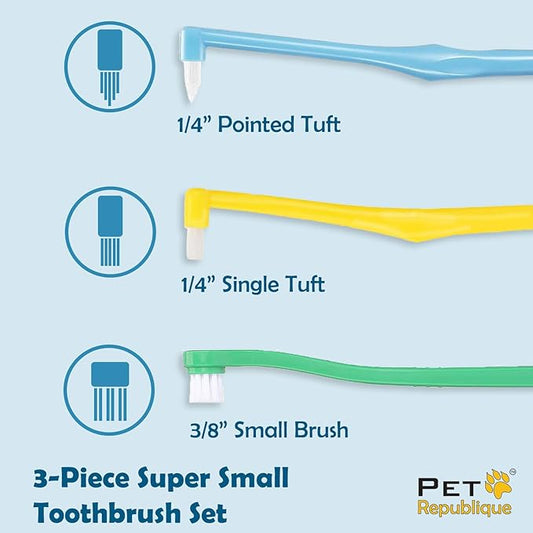 Pet Republique Extra Small Breed Toothbrush Kit for Dogs & Cats, 1/4” PointedBrush, 1/4” FlatBrush, 3/8” RegularBrush (3-Piece Kit); Works on Yorkie, Chihuahua, Pomeranian, and Miniature Breeds