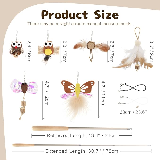 SONGWAY Interactive Cat Wand Toys - Retractable Teaser Wand and 6 Pieces Flying Bird & Crinkle Butterfly Dragonfly Cat Toy Feather Refills with Silvervine, Cat Feather Toys for Indoor Cats Kittens