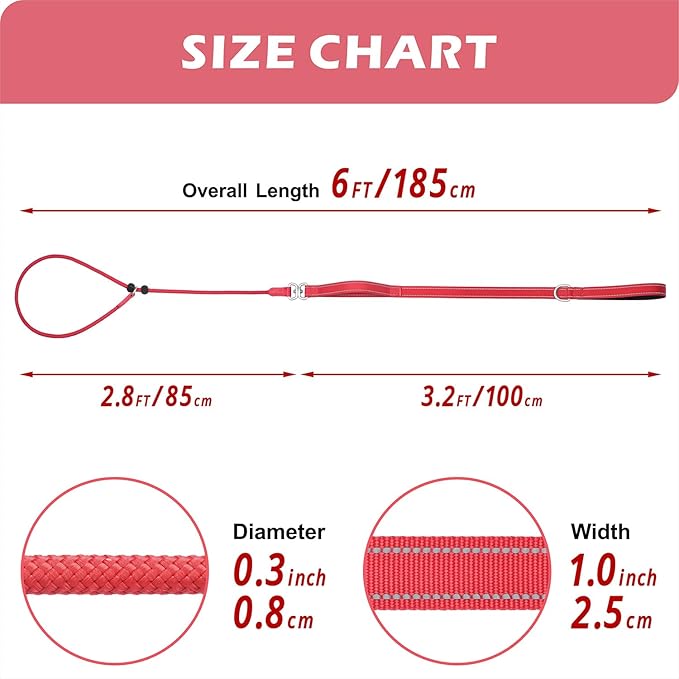 6FT Slip Lead Dog Leash with Double Padded Handle, Anti-Tangle Slip Leads for Dogs, Reflective Nylon No-Pull Training Leash for Small Medium Dogs, Red