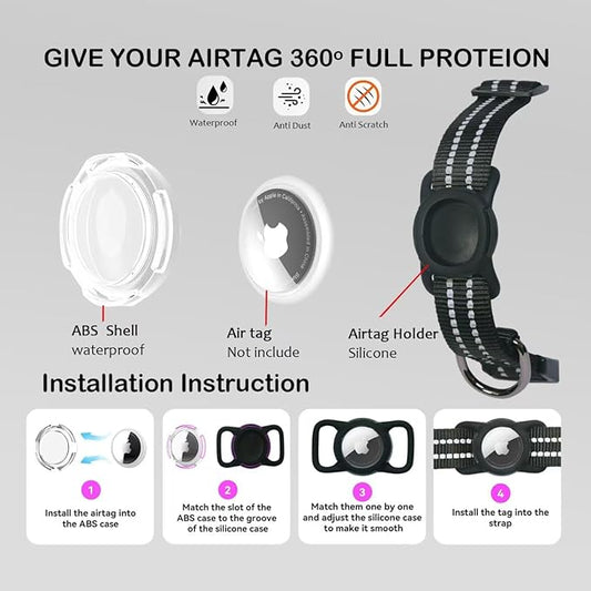 Reflective Dog Collar with Apple AirTag Holder & QR Code Pet ID Tag,Soft Nylon Adjustable Dog Tracker Collar with Safety Lock for Large Dogs(Black, L)