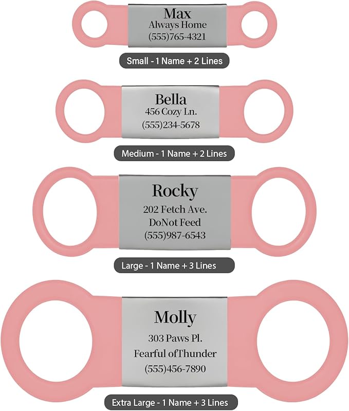Silent Pet ID Tag - Personalized Engraved Slide-On Dog & Cat Name Tags, Quiet No-Jingle Stainless Steel Collar Tag with Laser Engraving (Metal Silvery+Pink, XL(for 0.98" Wide Collar))