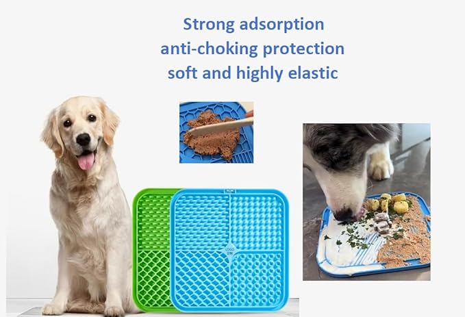 2 Pack Anti-Slip Licking Mat, Pet Food Mat Waterproof Puppy Feeding Mat, Slow Feeder Dog/Cat Bowl, Cat Licking Mat to Relieve Anxiety with Raised Edges (Blue+Green)(6"×6")