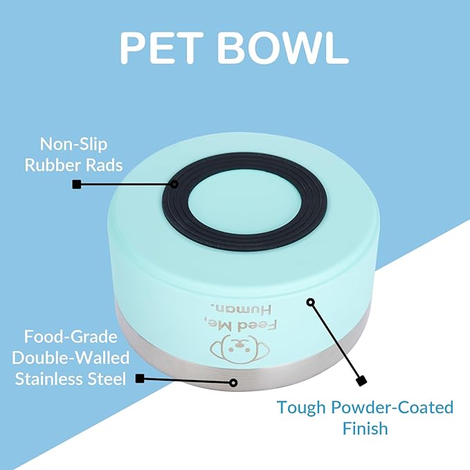 Large Dog Bowl – 50oz – “Feed Me, Human.” – Laser Engraved Non-Slip Stainless Steel Bowl for Large Dogs – Blue