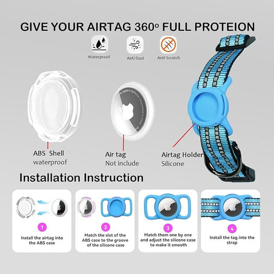 Reflective Dog Collar with Apple AirTag Holder & QR Code Pet ID Tag,Soft Nylon Adjustable Dog Tracker Collar with Safety Lock for Large Dogs(Blue, L(16"-26"))