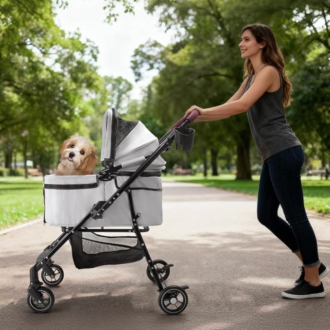 4-Wheel Foldable Pet Stroller for Small Dogs & Cats 360° Rotating Wheels, Separable Carrier & Travel Bag Safety Brake & Suspension System
