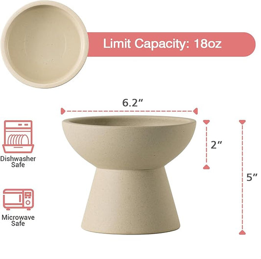Extra Wide Elevated Ceramic Cat Water Bowl - 6.2" Deeper Dish for Whisker Fatigue Relief, 5" Height for Easy Feeding, Lead & Cadmium Free, Durable Raised Cat Bowls, Pottery Clay