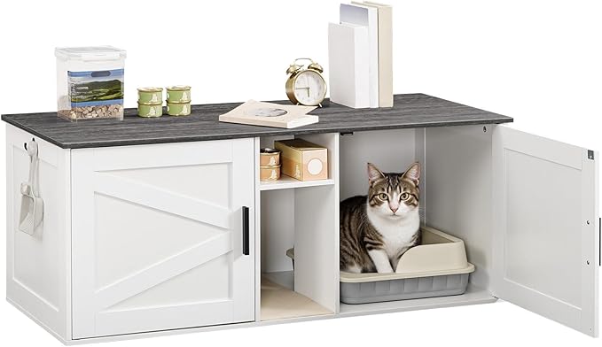 HOOBRO Double Litter Box Enclosure, Modern Cat Litter Box Furniture with Storage and Mat Design, Farmhouse Hidden Litter Box Enclosure with 2 Hooks, White and Charcoal Gray BW23MW01