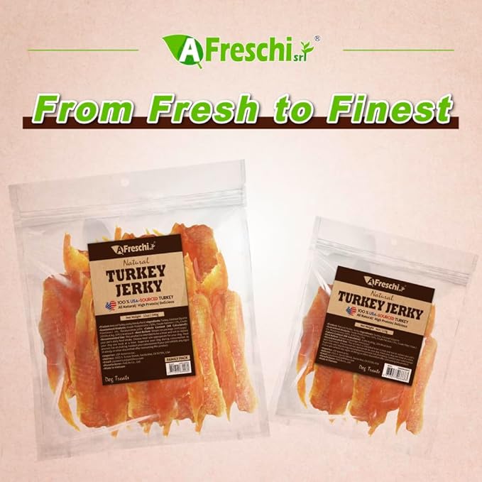 A Freschi srl Natural Turkey Dog Treats, USA-Sourced Trukey, All-Natural, Hypoallergenic, High-Protein, Low-Fat, Healthy & Easily Digestible, Dog Snack, Jerky 12 oz