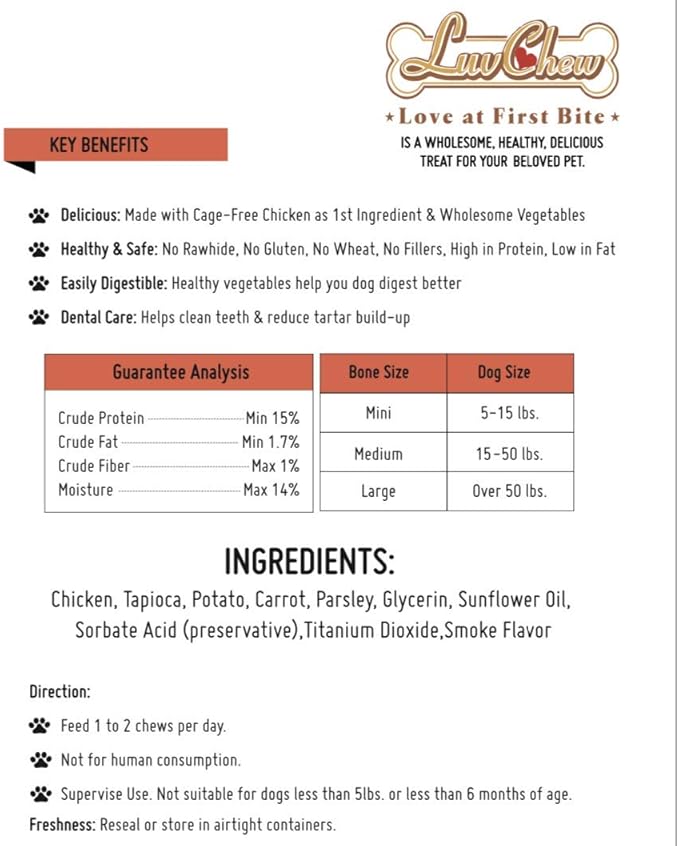 LuvChew Premium Dog Bones, Rawhide-Free, Made with Real Chicken and Wholesome Vegetables, Made with Limited Ingredients (Large 2pcs/Pack)