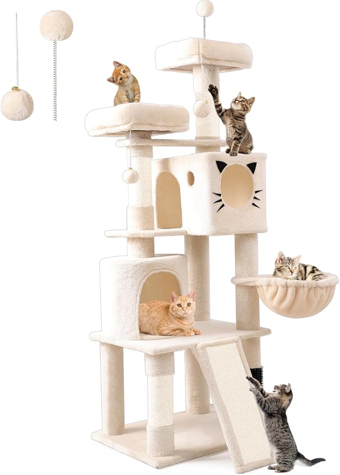 66in Multi-Level Large Cat Tree Tower for Indoor Cat/Kitties, Mordern Cat Tower with Sisal Scratching Posts, Condos and Hammock, Perches, Ramp for Climbing Heavy Duty
