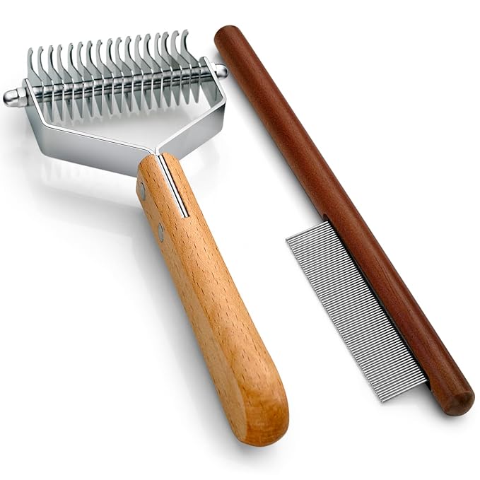 Wooden pet grooming rake - Mats and Tangles Removal Tool Undercoat Rake for dogs & Cats | Suitable for thick and Long Hair Grooming Brush & Deshedder Comb Reduces Shedding 97%