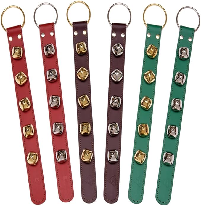 Bevin Bells Leather Sleigh Bell Strap | Five (1 ") Bells | Brown/Brass | Door Hanger | Dog Potty Training | Made of Steel | Christmas Holiday Decoration | Sturdy Hanging Loop | Made in CT, USA