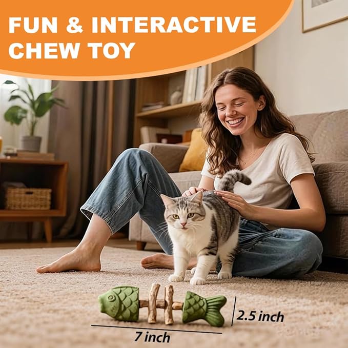 DXHBALK Eazywell Purrident Cat Dental Chew Toy for Teeth Cleaning, with Seaweed Catnip Silvervine, Natural Wooden Creative Fish Bone Shape Chew Stick for Cats (3 Pcs)