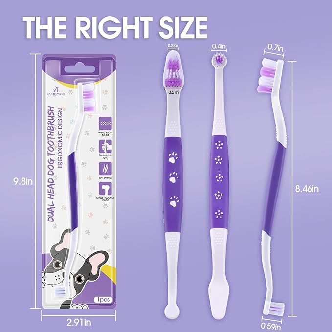 Dog Toothbrush – Newly Upgraded Dual-Head Design with 60° Wavy Bristles–Gently Surrounds Teeth for Deep Cleaning and Plaque Removal – Non-Slip Handle, Ideal for Daily Pet Dental Care (Purple, 6-Pack)