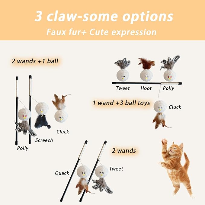 Interactive Cat Wand Toy with Feather,4 Pcs Plush Ball Cat Teaser Sticks with Catnip & Bell Cats Toys for Indoor Play Chase Exercise with Kittens