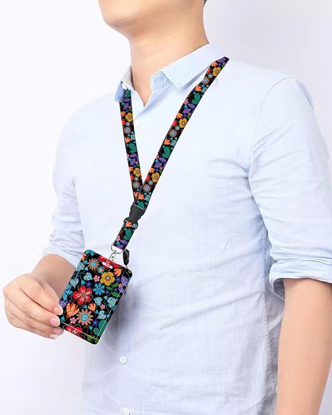 ID Badge Holder with Retractable and Detachable Lanyard, Cute Badge Reel Breakaway Lanyard with Carabiner Clip for Women, Teachers, Nurses, Students, Perfect Work and Office(Colorful Flowers)