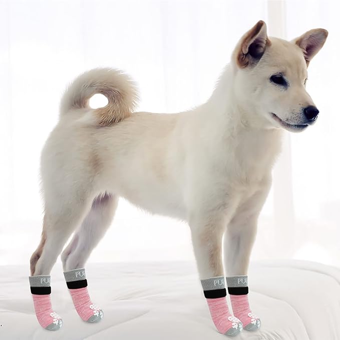 PUPTECK Anti-Slip Dog Socks with Double Sides Grips for Small Medium Large Dogs Hardwood Floors Prevents Licking, Dog Shoes for Hot Pavement Traction Control Paw Protector for Senior Dogs, Pink XL