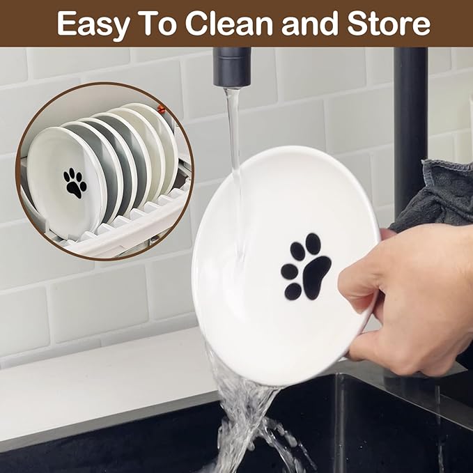 Cat Food Bowl Set of 3, Ceramic Cat Bowls, Anti Whisker Fatigue Cats Bowl Set,5.9 Inches Shallow Wide Kitten Plates with Silicone Base for Wet/Dry Food, Indoor Pets(Paw)