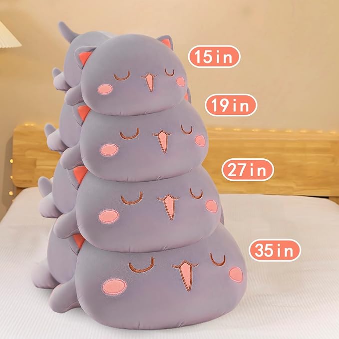 FUYU Cat Stuffed Animals, Soft Cat Plush Pillow Kawaii Kitten Stuffed Animal Toy Gifts for Kids Boys Girls Room Decor (Gray Squinted,35in/87)