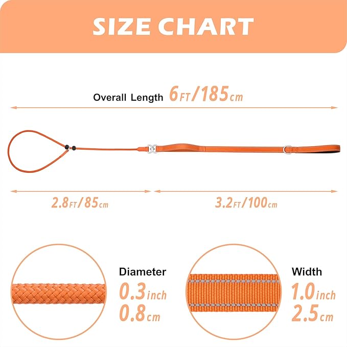 6FT Slip Lead Dog Leash with Double Padded Handle, Anti-Tangle Slip Leads for Dogs, Reflective Nylon No-Pull Training Leash for Small Medium Dogs, Orange