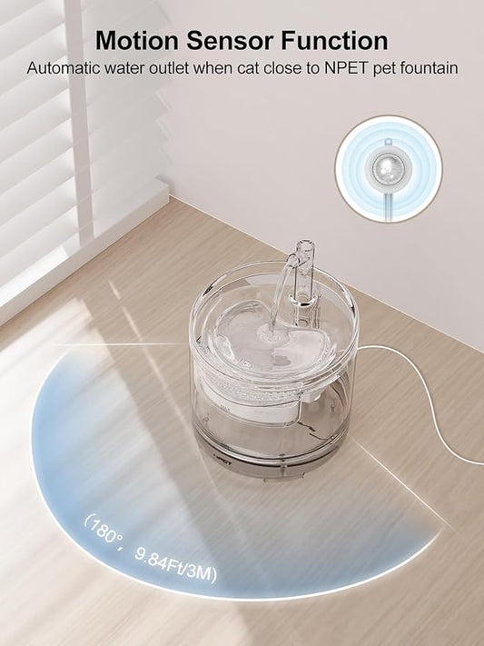 NPET Cat Drinking Fountain WF050, Brushless Ultra Quiet Pump, 1.5L Pet Fountain with Faucet Outlet, 1 Sensor Switch, 1 Filter