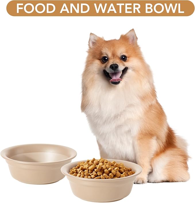 Ceramic 6.3inch Set of 2 Dog Bowls, 2pcs Basic 1.5 Cup Food or 15 oz Water Dishes for Small Dogs, Wide Opening Rounded Edge (2 Bowls, Oat Beige)