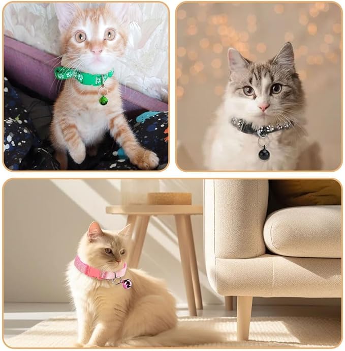 Paw Print Breakaway Cat Collars with Bells - 12 PCS Safety Adjustable Kitten Collars for Small Cats & Newborn Litter Pets, Super Soft Nylon Collar Set with Pendants & Safety Clasp (12 Colors)
