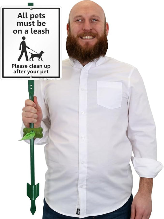 SmartSign All Pets On A Leash Please Clean Up After Your Pet Yard Sign & Clip-On Plastic Dispenser Combo/Kit, 10"x12" Aluminum Sign with 3ft Stake, Compact Dispenser Preloaded with a 15 Poop Bags Roll