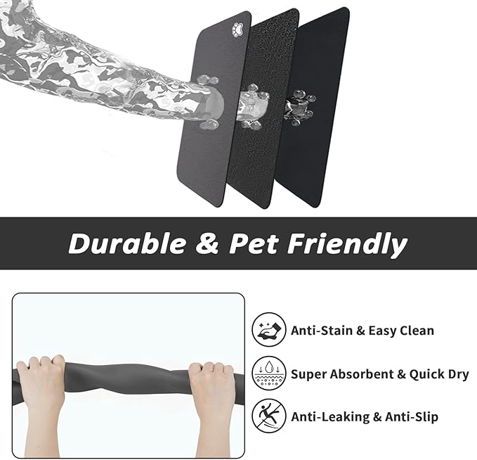 Dog Food Mat - Absorbent Cat Mat for Food and Water, No Stains Pet Feeding Bowl Mat, Easy to Clean Pet Placemats, Quick Dry Dog Water Dispenser Mat for Messy Drinkers | Paw Dark Grey 16"x 24"