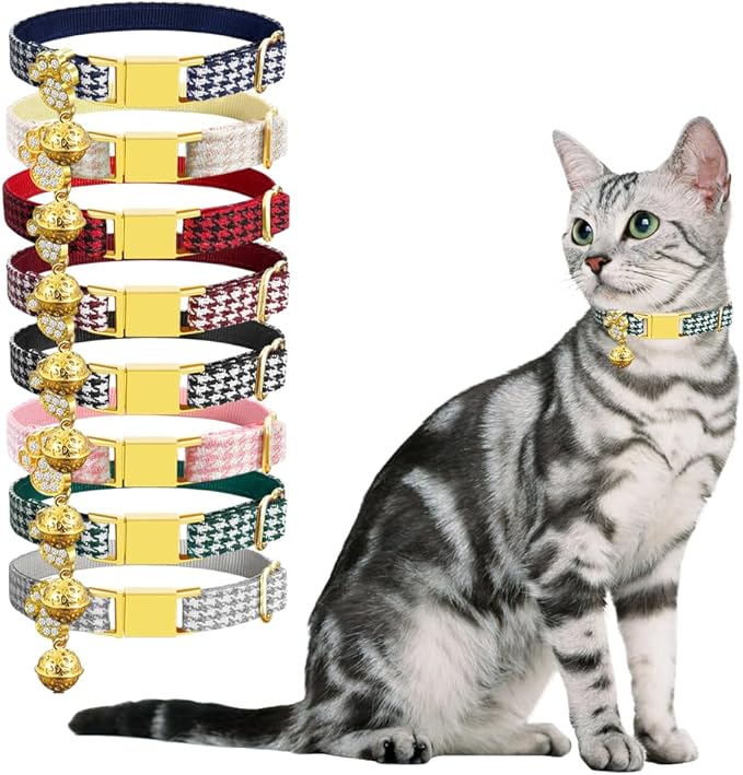 Personalized Breakaway Cat Collars - Magnetic Buckle, Bell - Safety Quick Release, Customized for Girls & Boys Cats- (Houndstooth-Green)