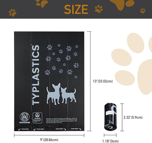 Typlastics Poop Bags for Dogs with Dispenser, Unscented Waste Bags, 360 Count, 24 Pack of 15, Black,70% Recycled Content