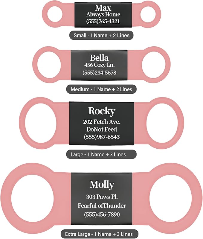 Silent Pet ID Tag - Personalized Engraved Slide-On Dog & Cat Name Tags, Quiet No-Jingle Stainless Steel Collar Tag with Laser Engraving (Metal Black+Pink, M(for 0.59" Wide Collar))