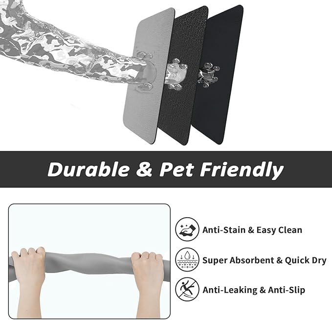Dog Food Mat - Absorbent Cat Mat for Food and Water, No Stains Pet Feeding Bowl Mat, Easy to Clean Pet Placemats, Quick Dry Dog Water Dispenser Mat for Messy Drinkers | Grey 18"x 28"