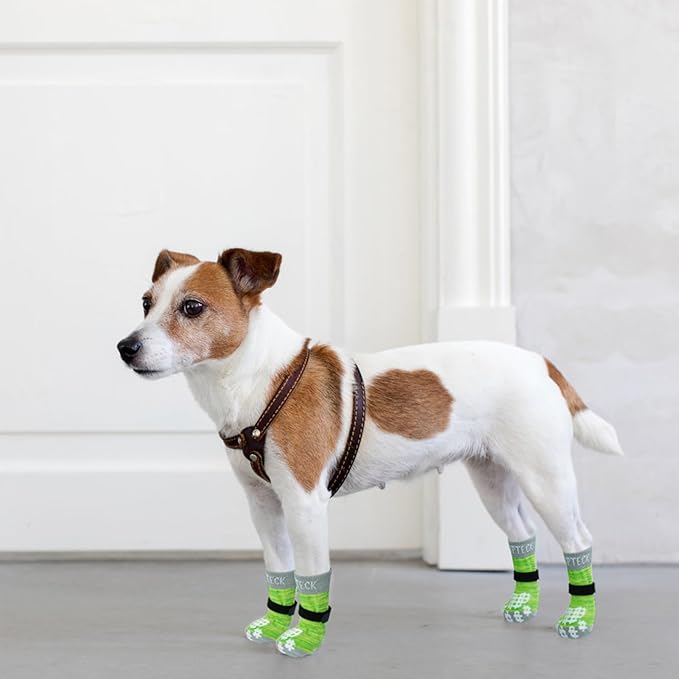 PUPTECK Anti-Slip Dog Socks with Double Sides Grips for Small Medium Large Dogs Hardwood Floors Prevents Licking, Dog Shoes for Hot Pavement Traction Control for Senior Dogs, Fluorescent Green, S
