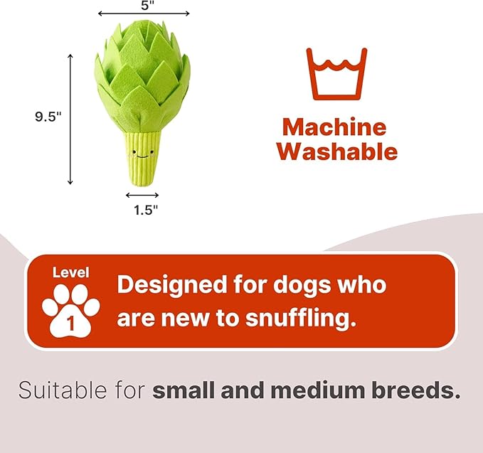 Wagorific Artichoke Snuffle Toy for Dogs, Interactive Dog Treat Puzzle, Puppy Plush Chew Toy, Machine Washable Dog Enrichment, Made of Recycled Materials, All Breed Sizes, Artichoke